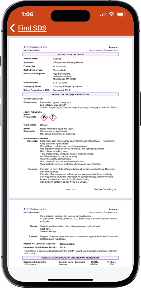 Chemscape's SDS mobile app open on a smartphone
