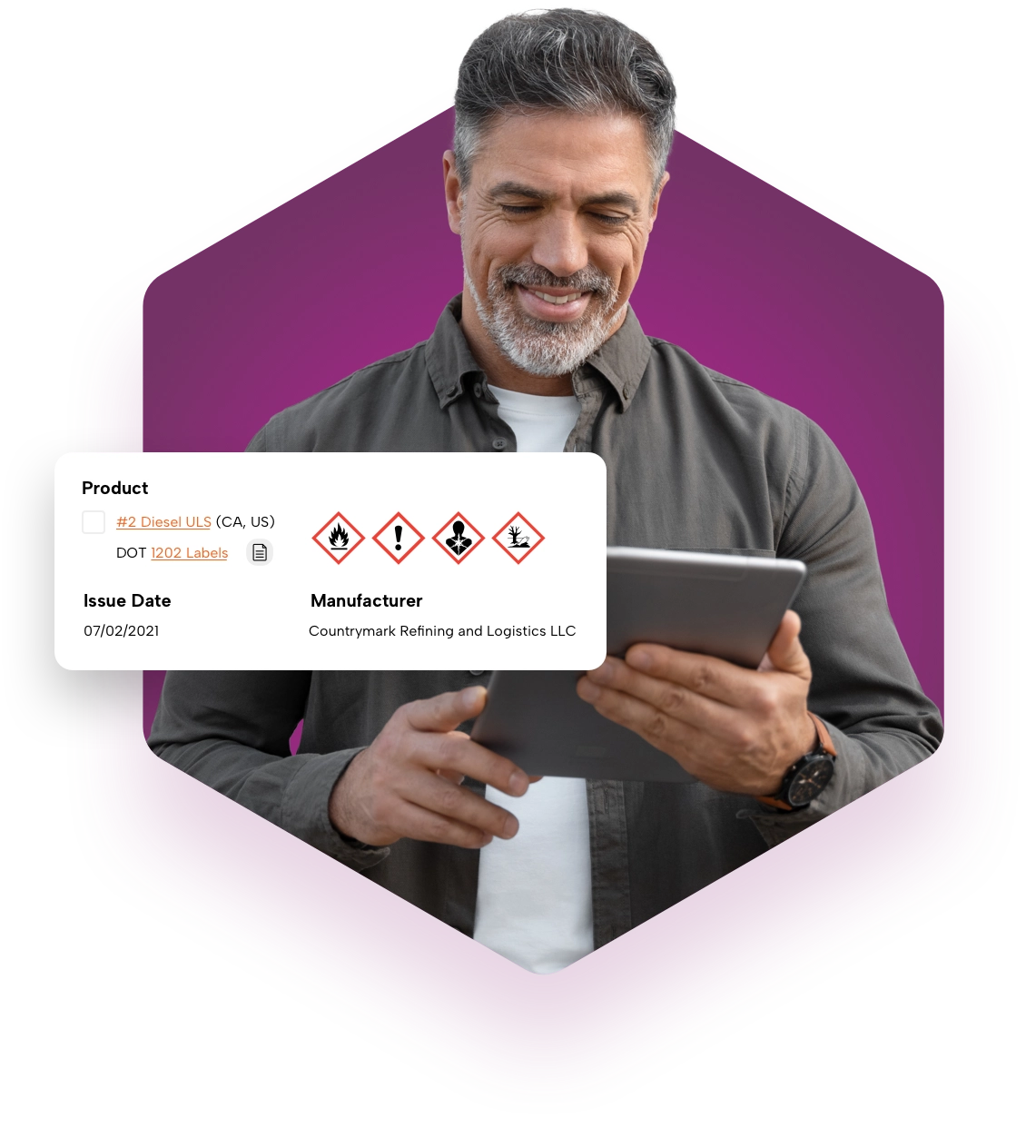 Man reviewing a product’s SDS details and GHS pictograms on a tablet