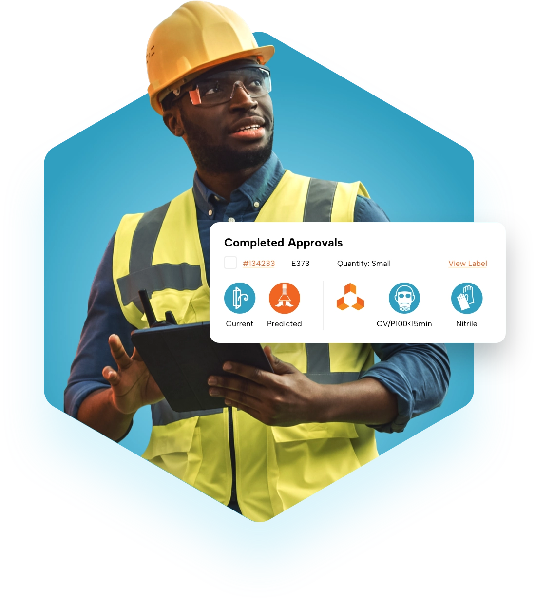Worker in safety gear checking completed chemical approvals on a tablet